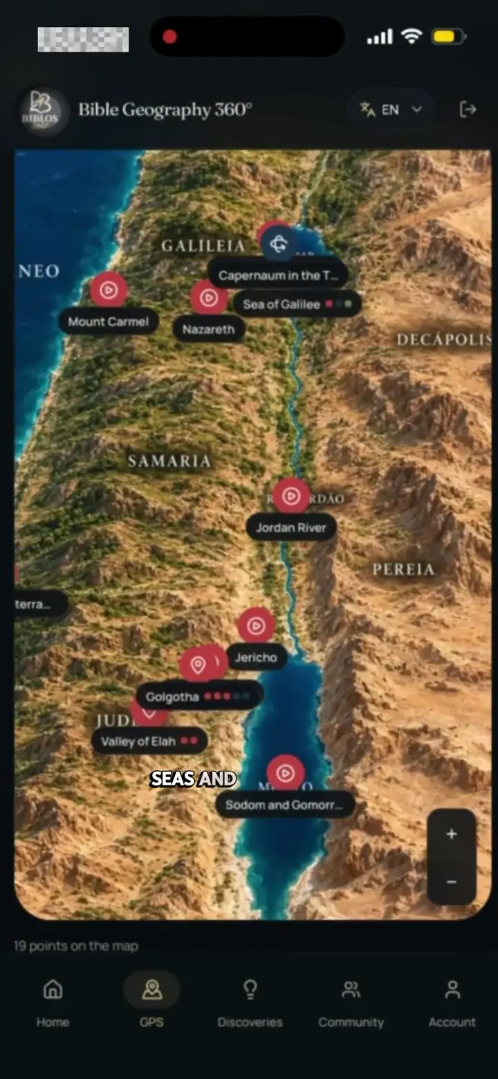 Biblos 360° app showing an interactive biblical world map